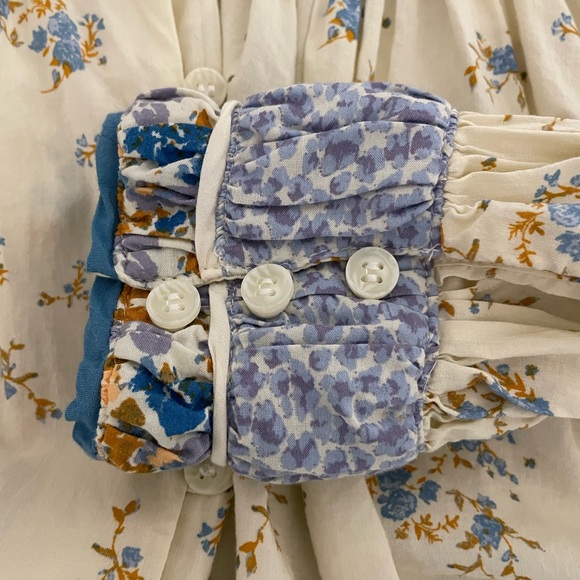 FREE PEOPLE Paloma Ivory Blue Floral Print Boho Long Sleeve Button Shirt Medium - Picture 10 of 13